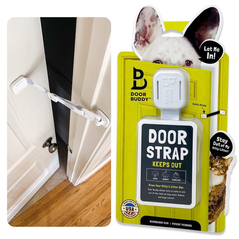 Door Buddy Pet Door Latch for Cats - Grey. Adjustable Cat Door Strap. Dog Proof Litter Box & Feeding Station Without Pet Gate. Most Customizable Cat Door Holder for Interior Door. - Image 1